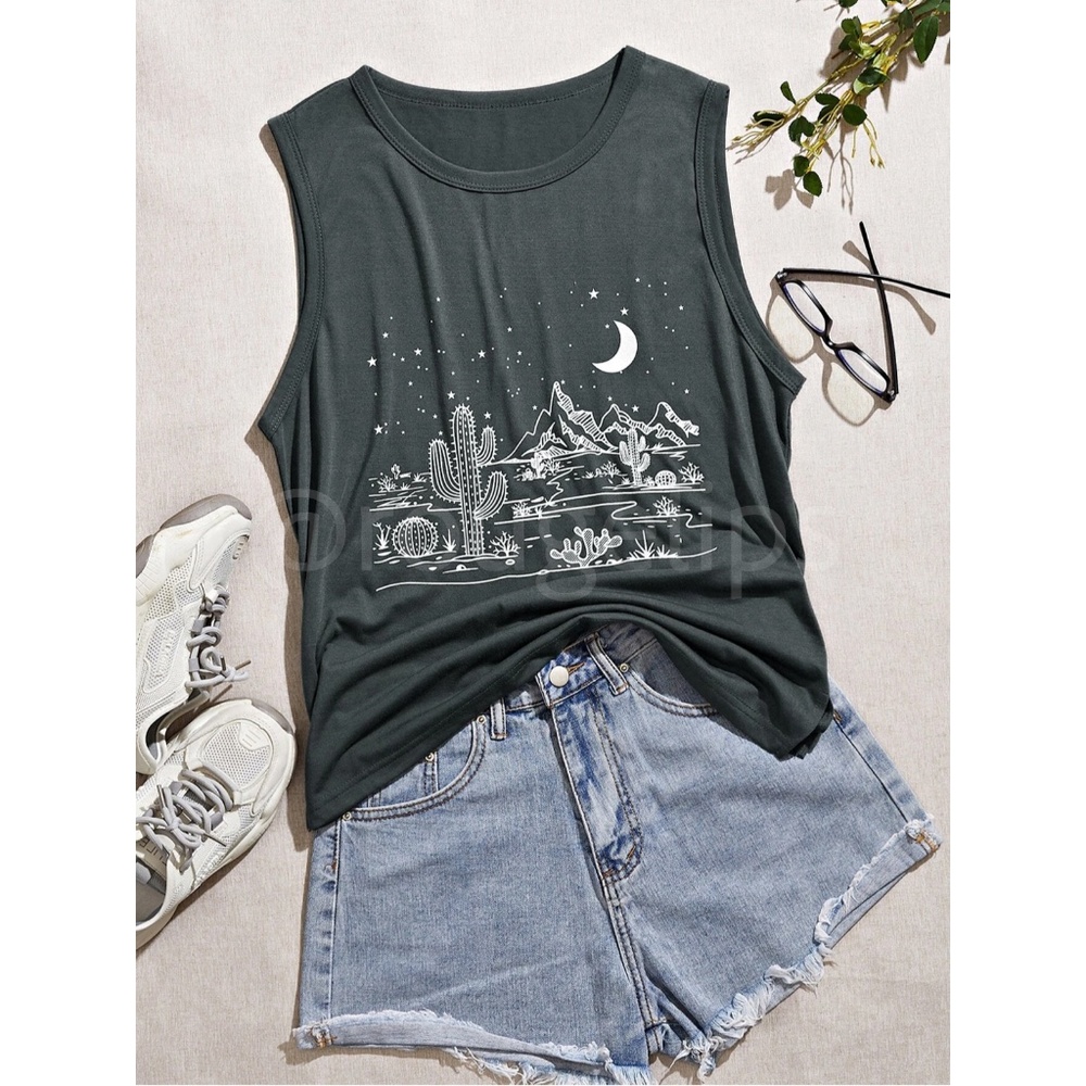 Boho Western Print Grey Tank Top Tee Shirt Muscle - Picture 6 of 7